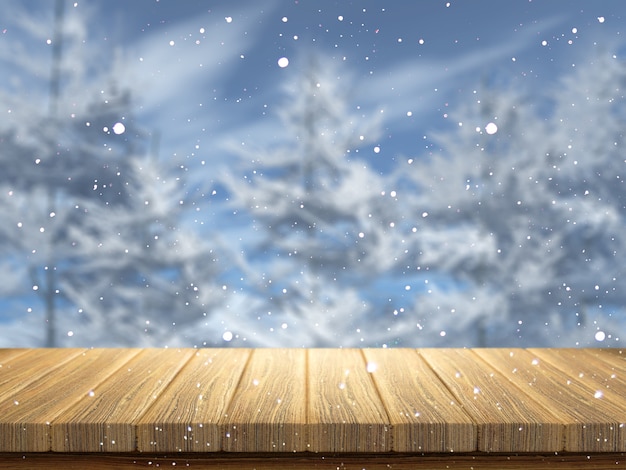 Kostenloses Foto holztisch 3d, der heraus zu einer schneebedeckten landschaft schaut
