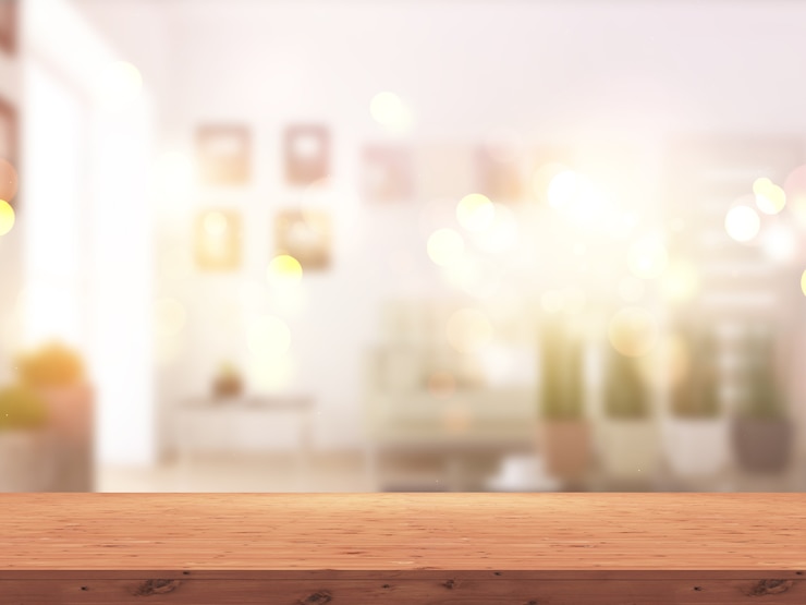Kostenlose Foto holztisch 3d gegen einen defocussed sonnigen rauminnenraum