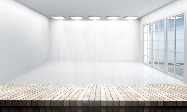 Holztisch mit Blick auf einen weißen leeren Raum