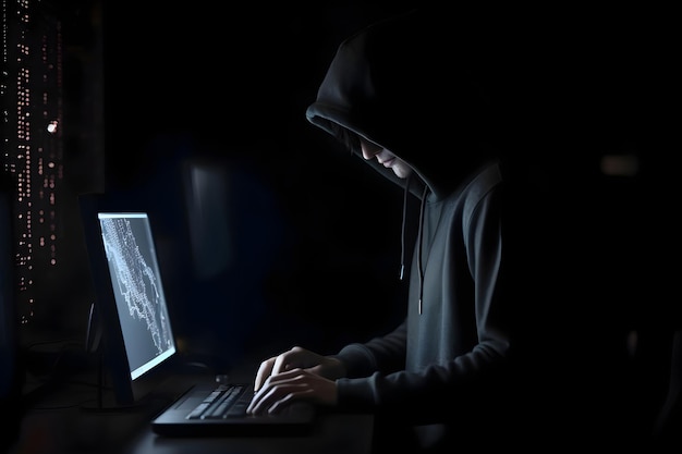 Kostenloses Foto hooded-hacker stiehlt daten von einem computer dunkler hintergrund