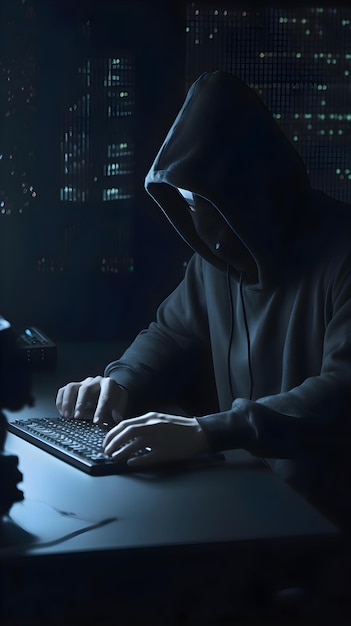 Hooded-Hacker stiehlt Daten von einem Computer mit einem dunklen Hintergrund
