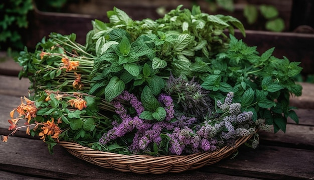 Kostenloses Foto hortensienstrauß in einem rustikalen korb, perfektes geschenkarrangement, generiert von ki