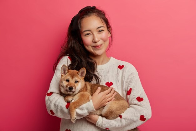 Hübsche asiatische Hausfrau trägt Rassehund auf Händen, drückt Liebe zum Haustier aus, umarmt Welpen, trägt lässigen Pullover, steht mit pelzigem Shiba Inu, isoliert über rosa Hintergrund.