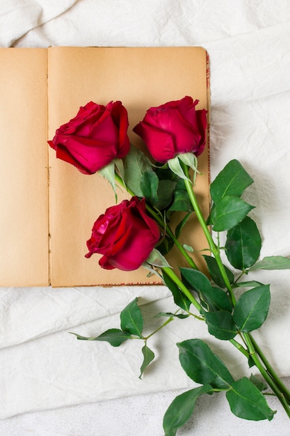 Hübsche rote Rosen der Draufsicht auf einem Buch