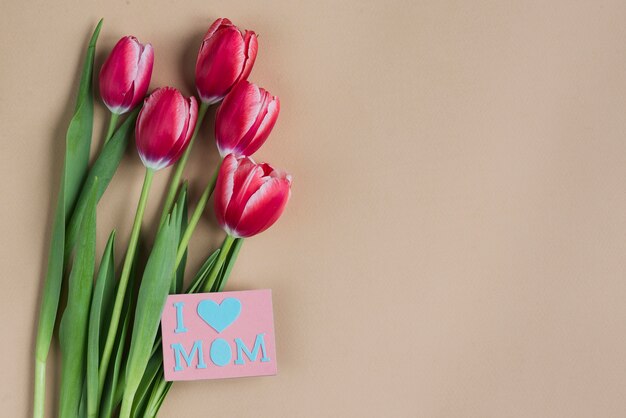 Hübsche Tulpen mit Karte für den Tag der Mutter