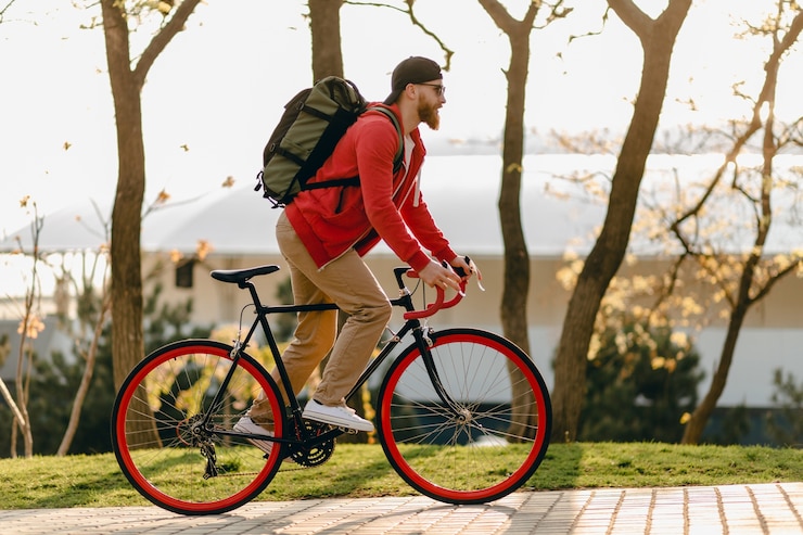 Kostenlose Foto hübscher bärtiger mann des hipster-stils im roten kapuzenpulli und in der sonnenbrille, die allein mit rucksack auf fahrradreisenden rucksacktouristen des gesunden aktiven lebensstils reiten