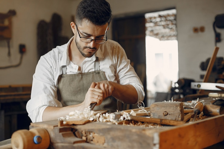 Kostenlose Foto hübscher tischler, der mit einem holz arbeitet