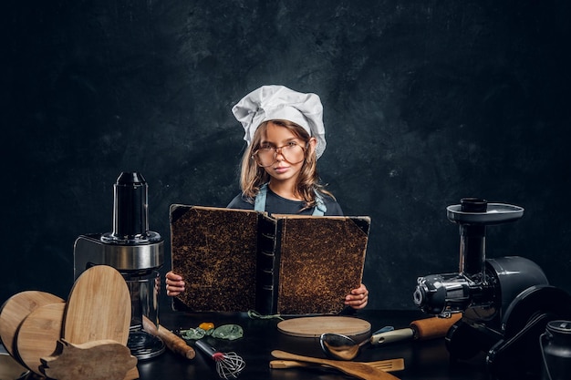 Kostenloses Foto hübsches kleines mädchen liest rezeptbuch und hat eine tolle idee, was man zum abendessen kochen soll.