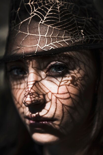 Hübsches Mädchen mit Schatten Web auf Gesicht