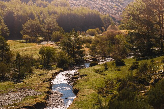 Hügelige Landschaft mit kleinem Fluss