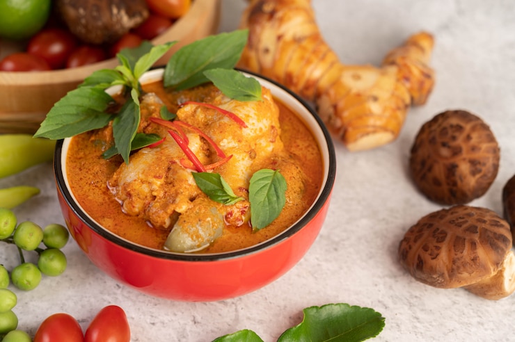 Kostenlose Foto hühnerrotes curry in einer schwarzen tasse