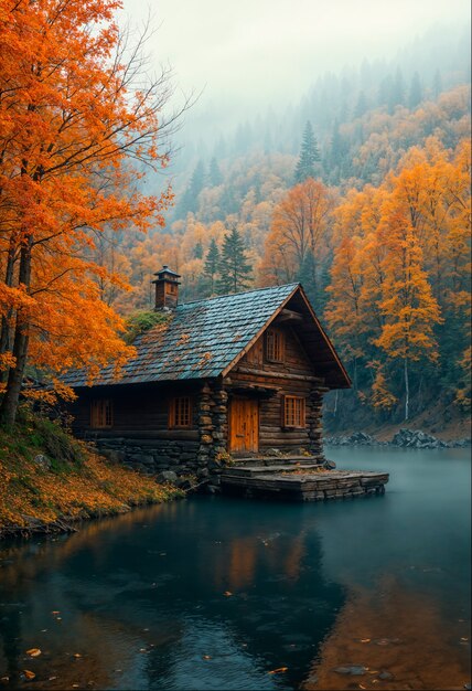 Hütte im Wald im Herbst