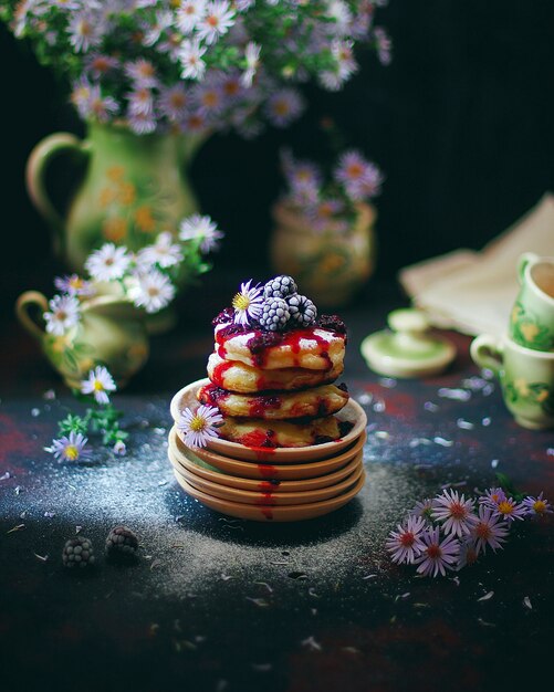 Hüttenkäsepfannkuchen, Syrniki, Quarkstückchen mit gefrorenen Beeren (Blackberry) und Puderzucker in einer Weinleseplatte. Gourmet-Frühstück