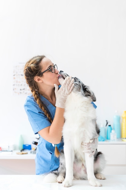 Hund, der den Mund des weiblichen Tierarztes in der Klinik leckt