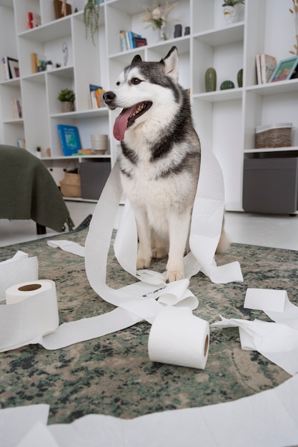 Hund, der ein Durcheinander mit Toilettenpapier macht