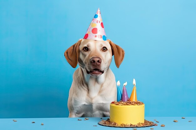 Hund mit Geburtstagskappe auf dem Kopf und Geburtstagstorte auf blauem Hintergrund Kopierbereich Ai generativ