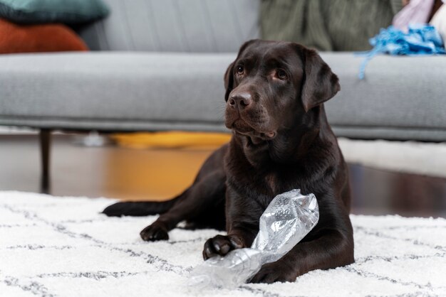 Hund spielt in einem schmutzigen Zuhause