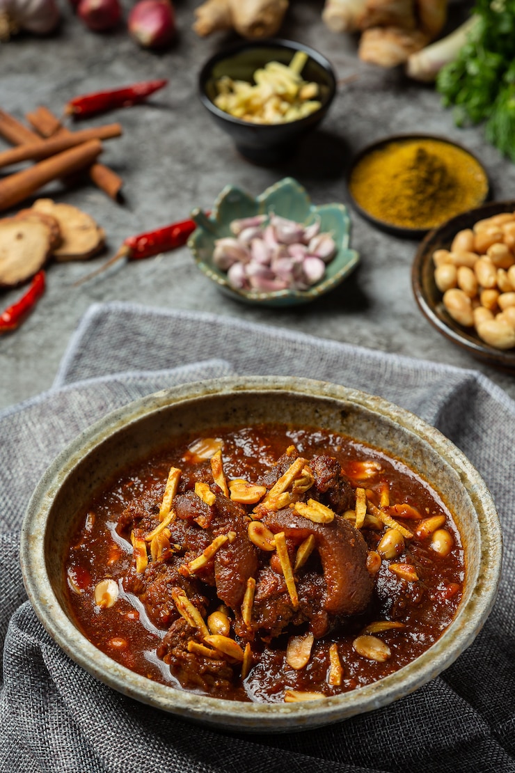 Kostenlose Foto hunglae curry mit gewürzen und schweinefleisch, lokales essen in nordthailand.