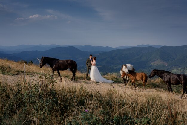 Idyllische Ansicht des Hochzeitspaares umgeben mit Pferden am sonnigen Tag in den Bergen