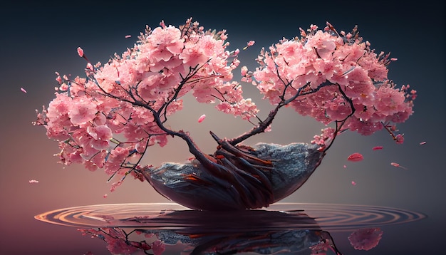 Illustration Ein Baum blüht mit abstrakten rosa Blumen, die von KI generiert werden