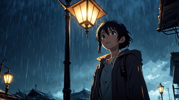 Illustration einer Anime-Figur im Regen