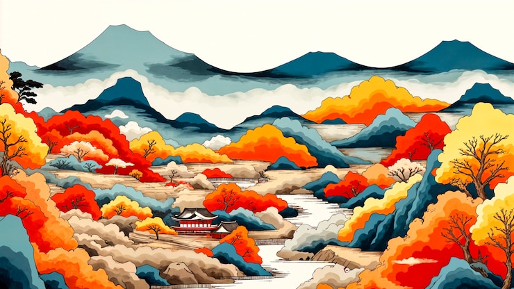 Kostenlose Foto illustration einer japanischen herbstlandschaft