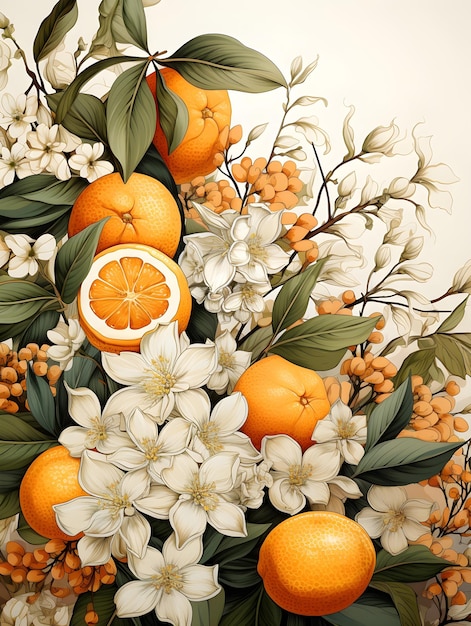 Illustration von Clementinen und Orangenblüten