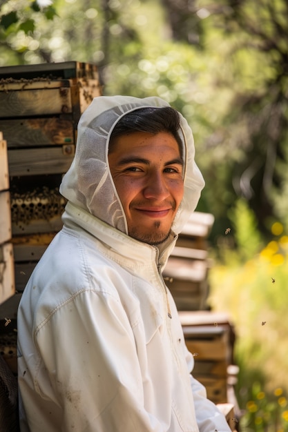 Imker bei einer Bienenfarm