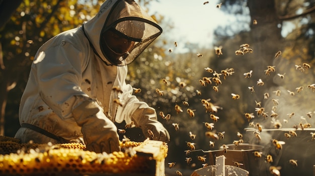 Imker bei einer Bienenfarm