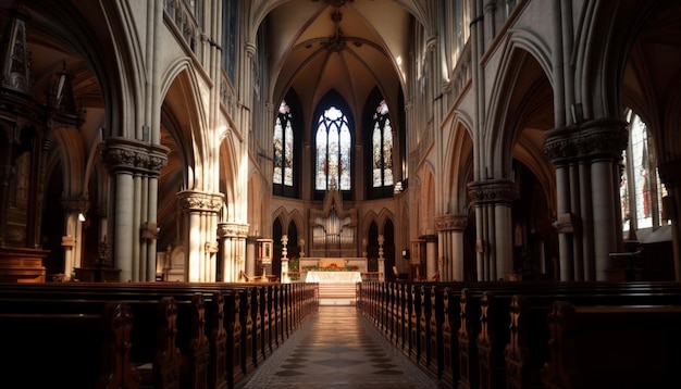In einer historischen Basilika, die unter von KI erzeugten Buntglasfenstern betet