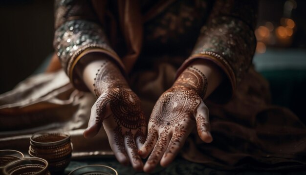 Indigene Hand verziert Sari mit von KI generiertem Henna-Tattoo