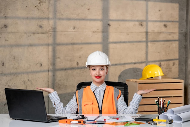 Ingenieur-Bauarbeiter in Helm und Weste, intelligentes, junges, süßes blondes Mädchen, das sich über den Plan freut