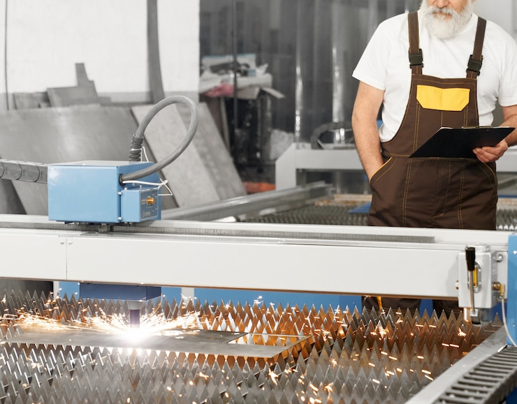 Kostenlose Foto ingenieur beobachtet plasma-laserschneiden von blech.