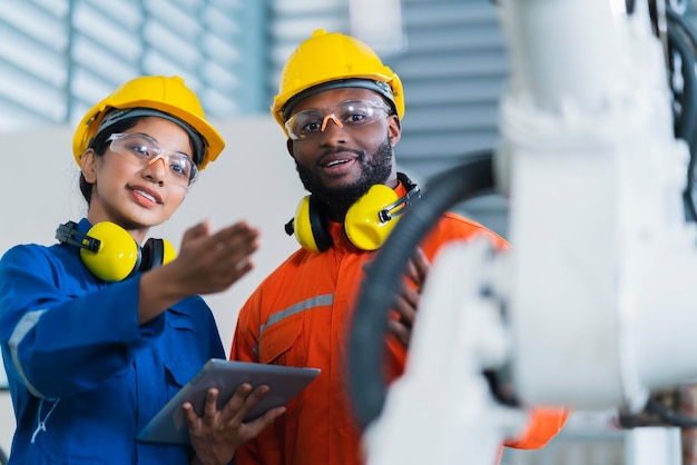 Ingenieur Zusammenarbeit männliche und weibliche Techniker Wartungssteuerung Relais Roboterarm Systemschweißen mit Tablet-Laptop zur Kontrolle der Qualität Betrieb Prozessarbeit Schwerindustrie 40 Fertigungsfabrik