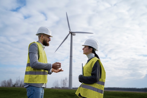 Ingenieure aus mittlerer Schussweite, die sich im Freien unterhalten