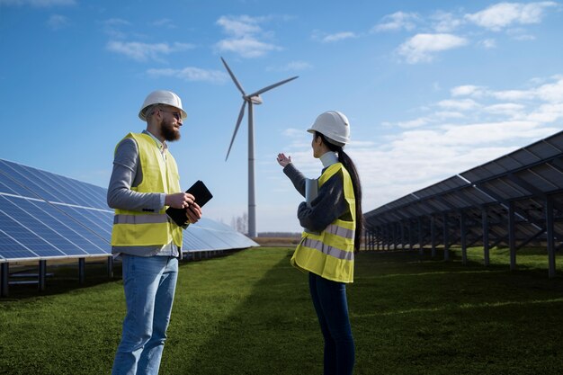 Ingenieure aus mittlerer Schussweite, die sich im Freien unterhalten