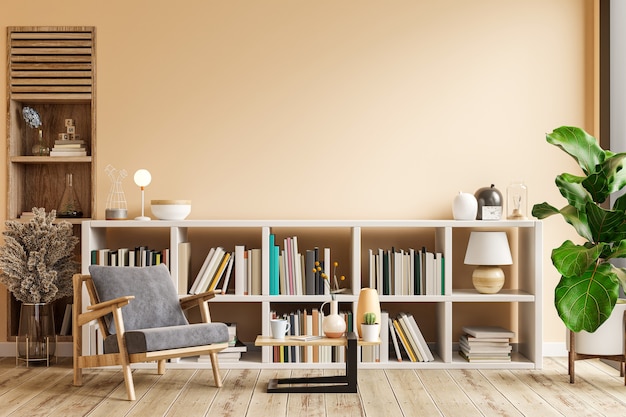 Innenarchitektur des wohnzimmers mit sessel auf leerer hellcremefarbener wand, bibliotheksraum. 3d-rendering