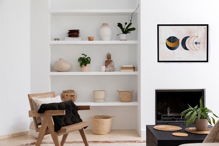 Kostenlose Foto innenarchitektur mit fotorahmen und regalen