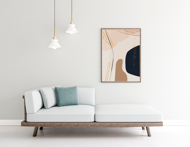 Innenarchitektur mit Fotorahmen und weißer Couch