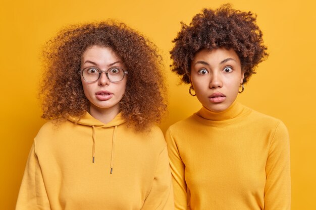 Innenaufnahme von zwei gemischten Frauen, die mit lockigem Haar befreundet sind, starren sehr überrascht nach Luft und können erstaunt nicht glauben, dass ihre Augen dicht beieinander gegen die gelbe Wand stehen. Omg-Konzept