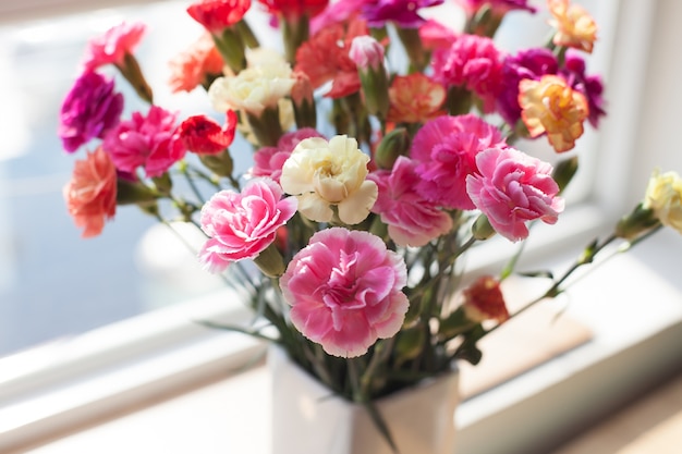 Kostenloses Foto innenblume auf dem fensterbrett. weiße vase, topf. vorhänge, tüll