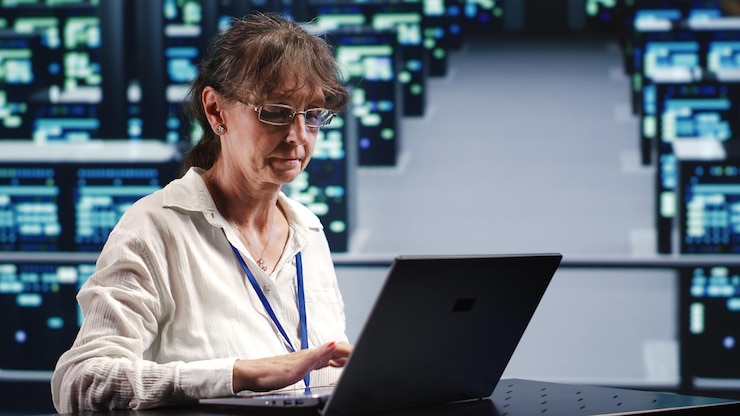 Kostenlose Foto inspektor führt eine regelmäßige prüfung des servers durch