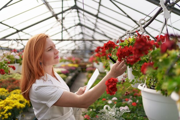 Intelligente Gewächshaussteuerung. Arbeitnehmerin inspiziert rote Blumen und notiert Daten bei Tageslicht