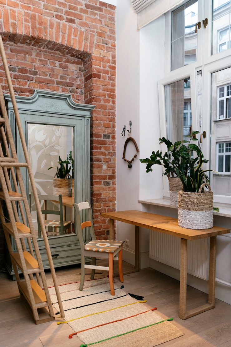 Kostenlose Foto interieur im boho-stil mit backsteinmauer