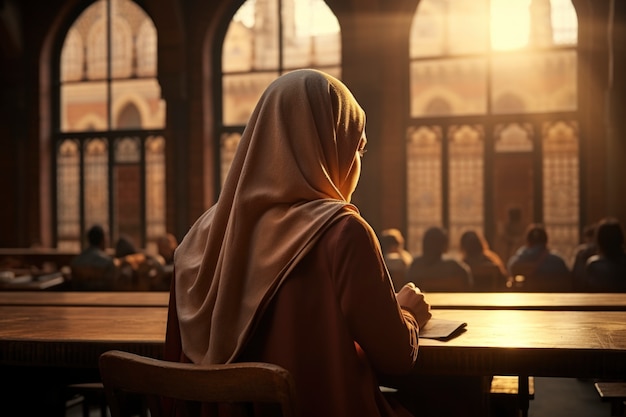 Islamische Frau mit mittlerem Schuss, die studiert.