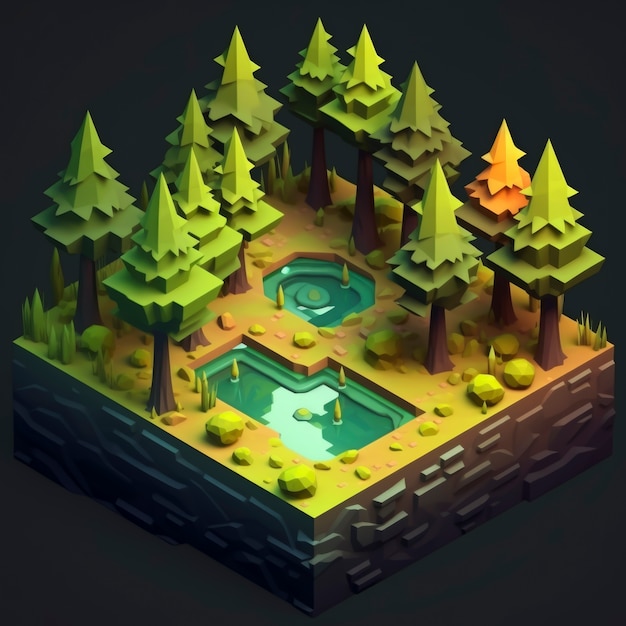 Isometrische 3D-Landschaft mit Wald und Wasser