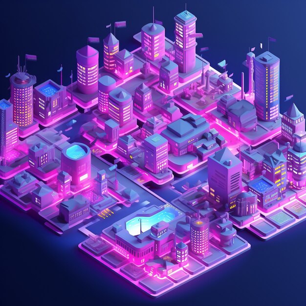 Isometrische Ansicht der 3D-Darstellung einer Neonstadt