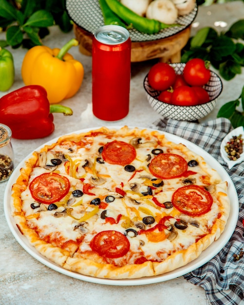 Italienische Pizza mit Champignons, Tomaten, Oliven und Paprika
