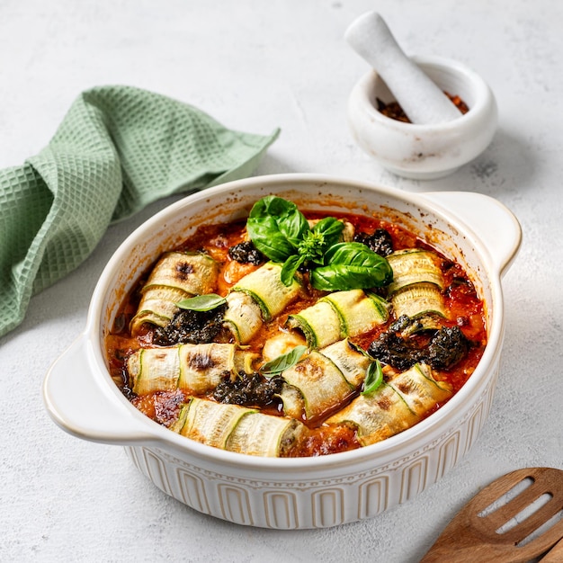 Italienische Zucchini-Rollen mit Creme-Käse-Füllung in Tomatensauce auf weißem Hintergrund gebacken