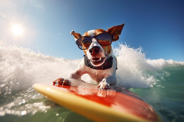 Jack-Russell-Hund, der auf einer Welle surft Sonniger Tag Sommerkonzept AI generative